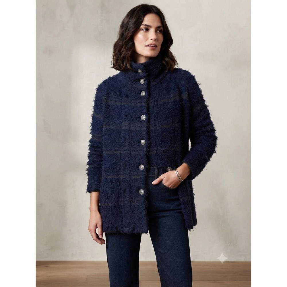 Free People Fuzzy Stripe‎ Button Front Cardigan Blue Olive Green Women's S